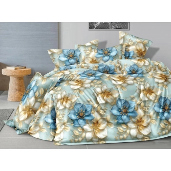 Pościel 200x220 Bawełna satynowa turkusowa niebieskie białe kwiaty PK697 z prześcieradłem